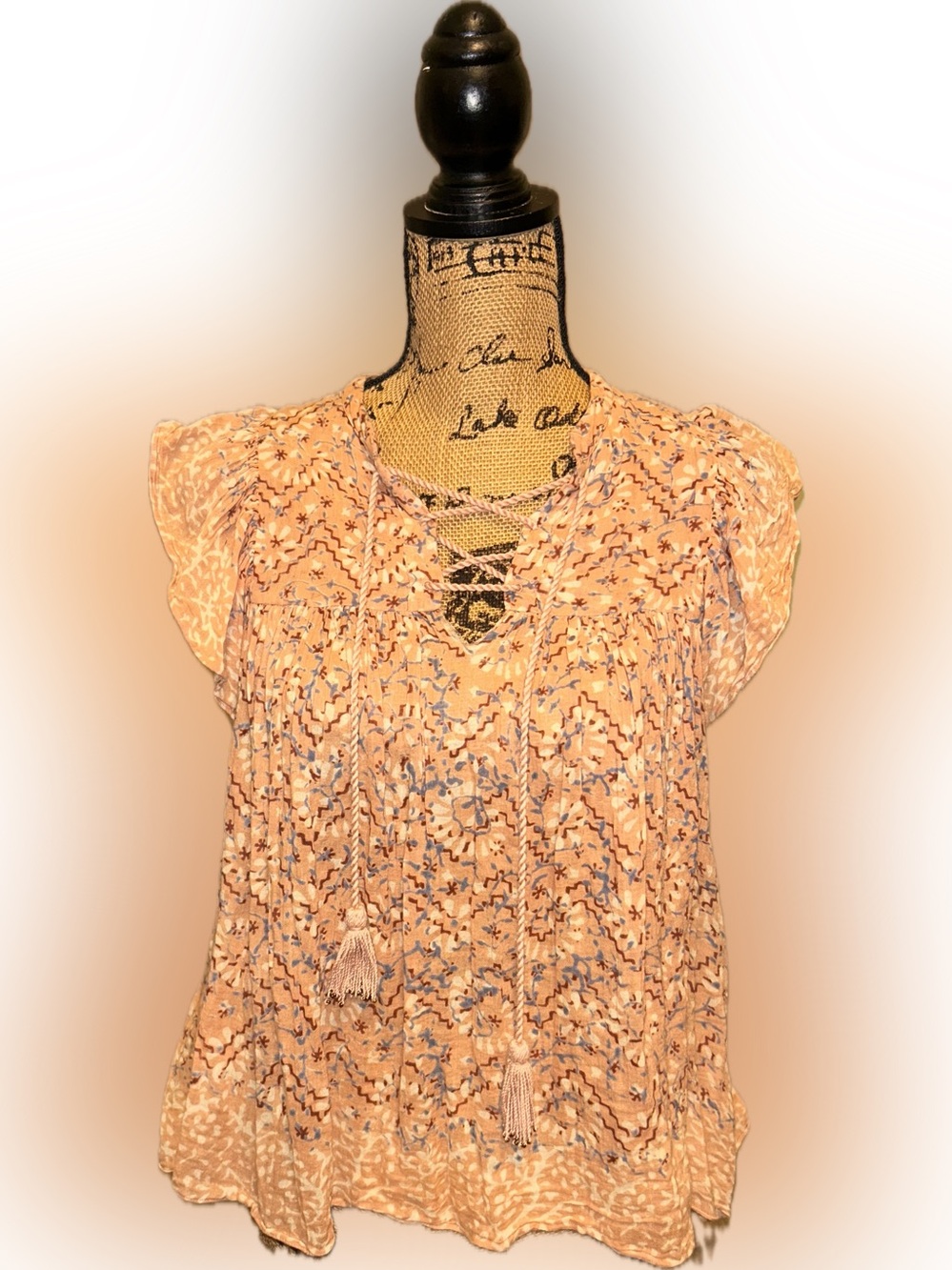 Ulla Johnson Peach Flutter Sleeve Airy Cotton Gauze Boho Cottage Tassel Top 8
